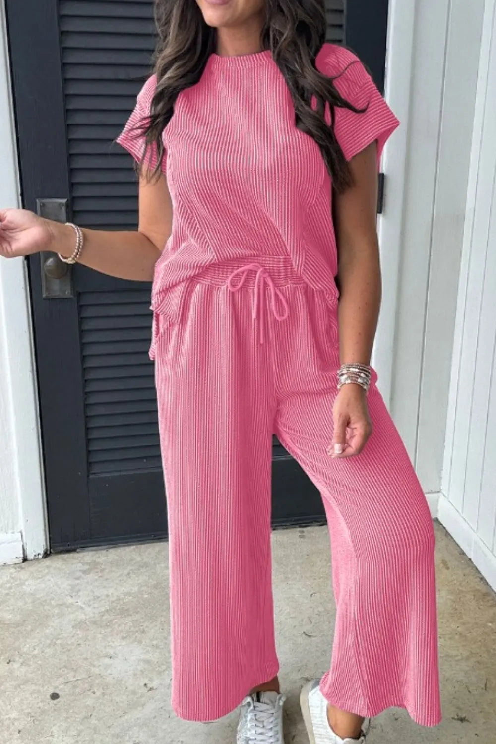 Front detail of Corded Knit Short Sleeve T-Shirt and Wide Leg Pants Set