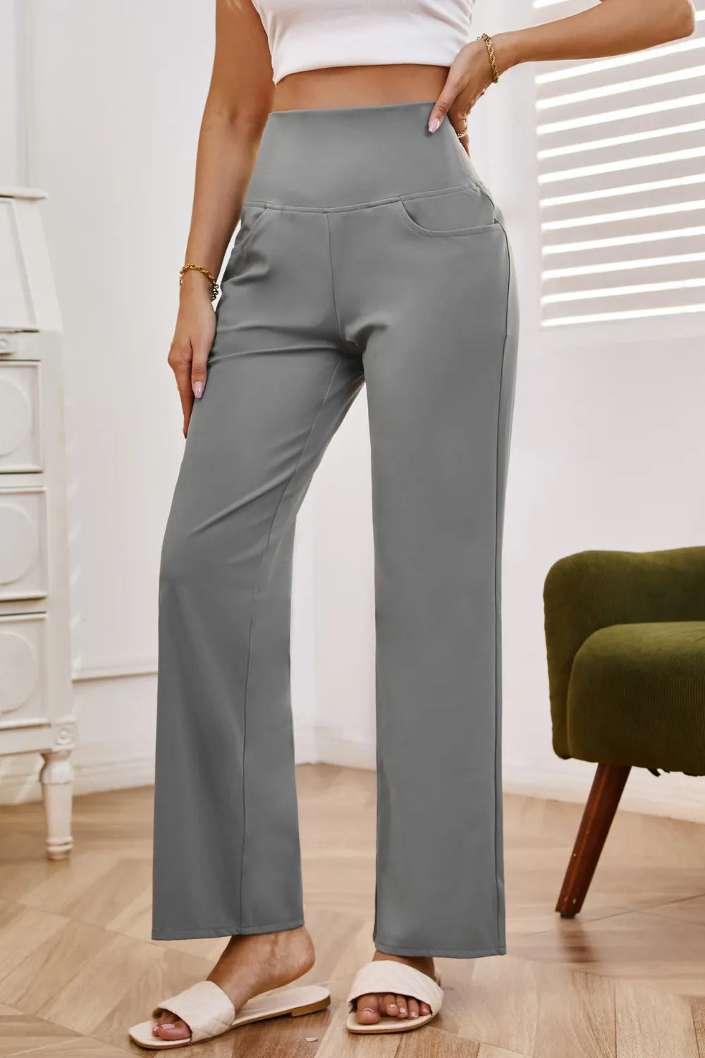 Front view high waist wide leg pants with pockets