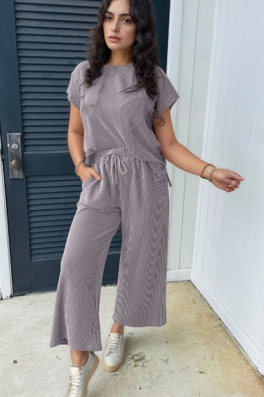 Modern front view of Corded Knit Short Sleeve T-Shirt and Wide Leg Pants Set