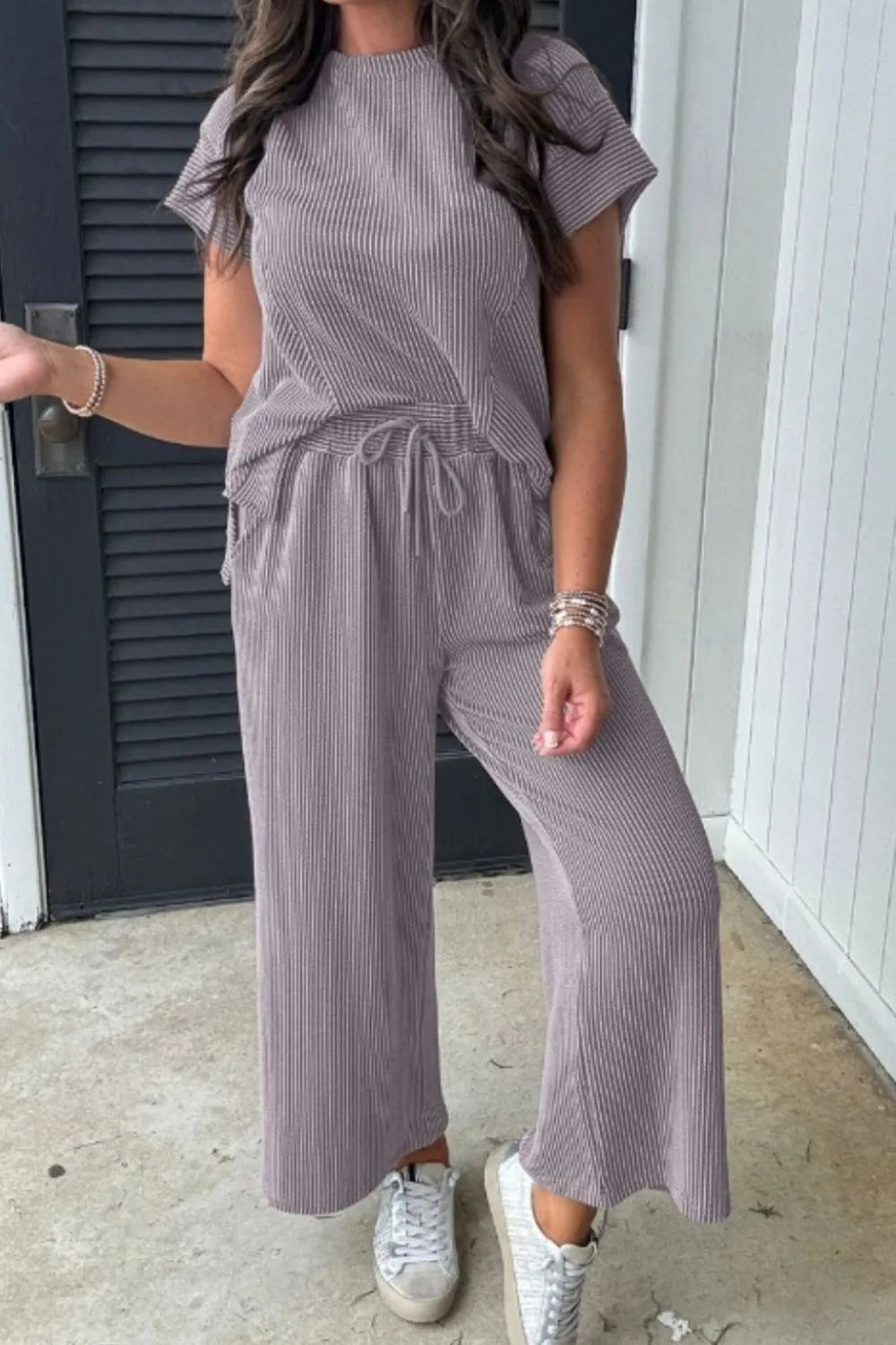 Relaxed front view of Corded Knit Short Sleeve T-Shirt and Wide Leg Pants Set