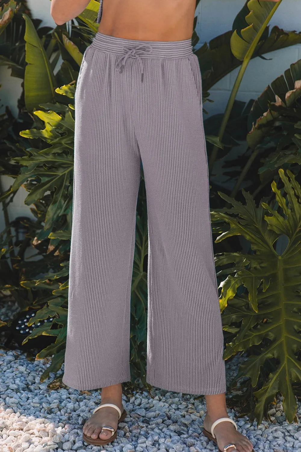 Front soft look of Corded Knit Short Sleeve T-Shirt and Wide Leg Pants Set