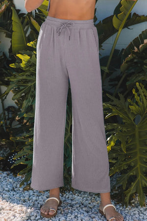 Front soft look of Corded Knit Short Sleeve T-Shirt and Wide Leg Pants Set
