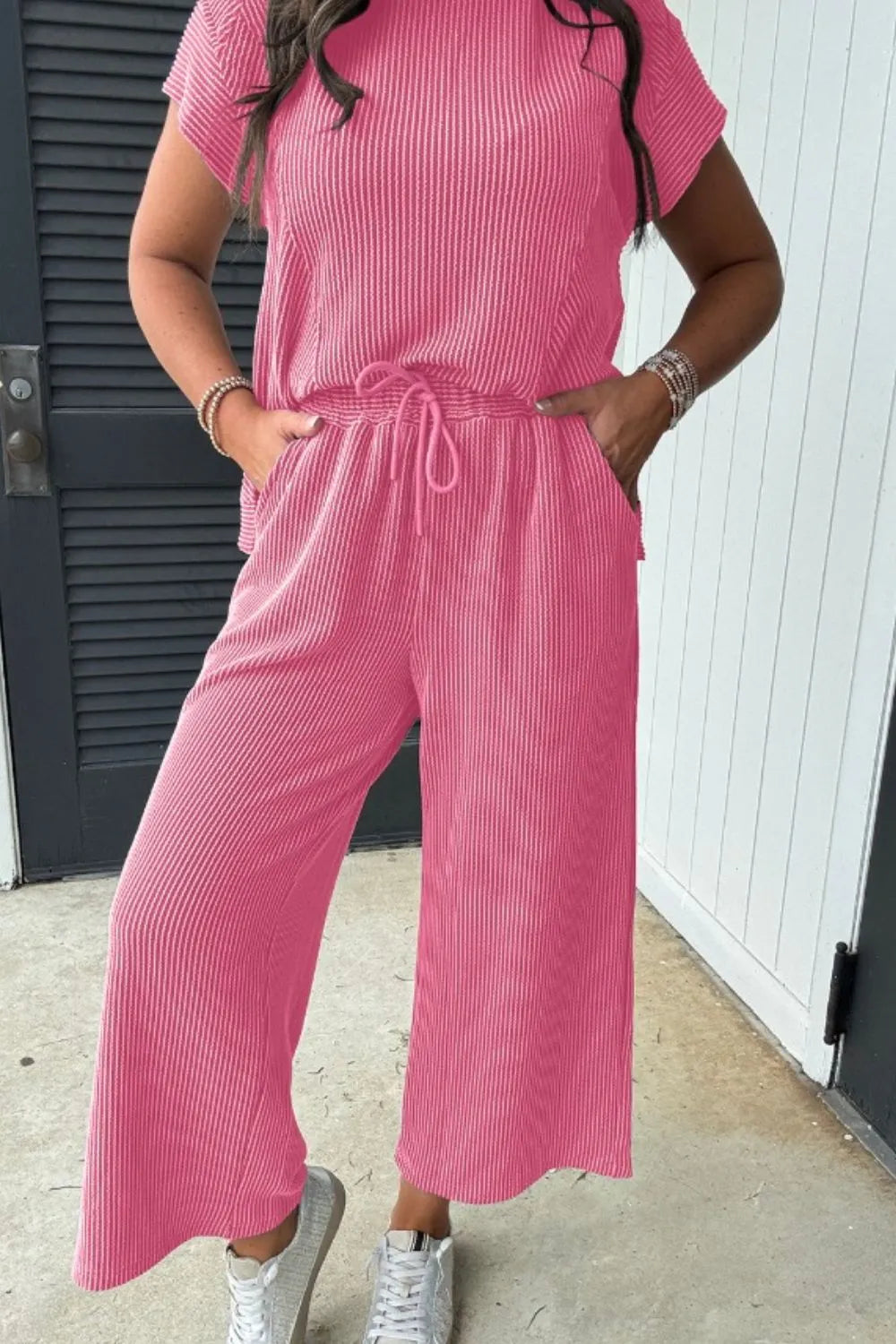 Styled front view of Corded Knit Short Sleeve T-Shirt and Wide Leg Pants Set
