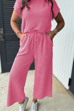 Styled front view of Corded Knit Short Sleeve T-Shirt and Wide Leg Pants Set