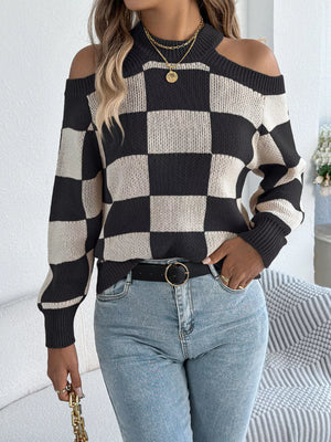 Women's long sleeve cold shoulder knit sweater front style