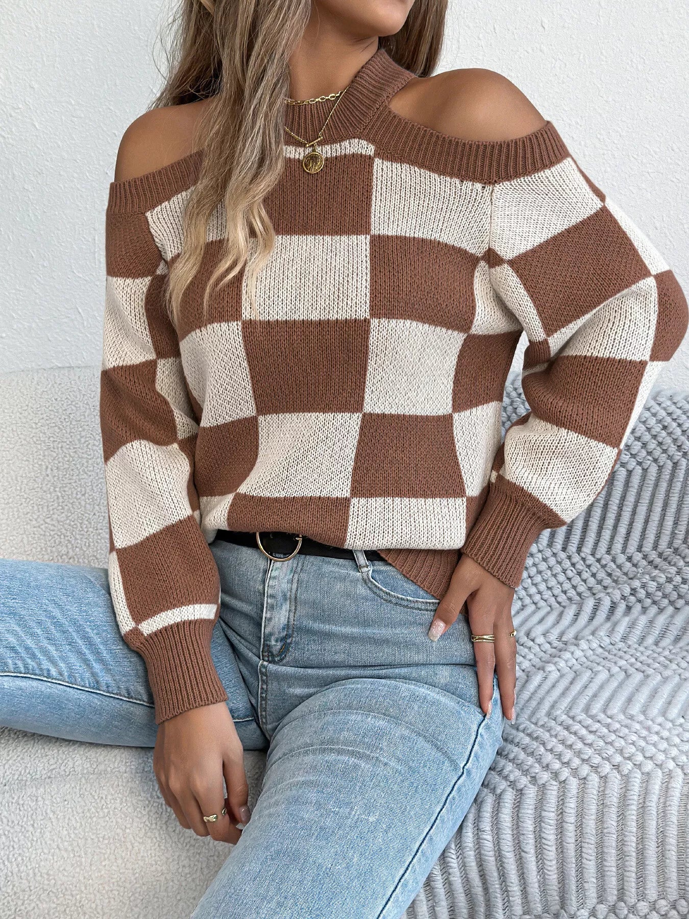 Casual outfit with checkered cold shoulder sweater
