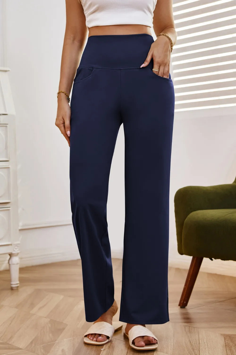 High waist wide leg pants with pockets front 
