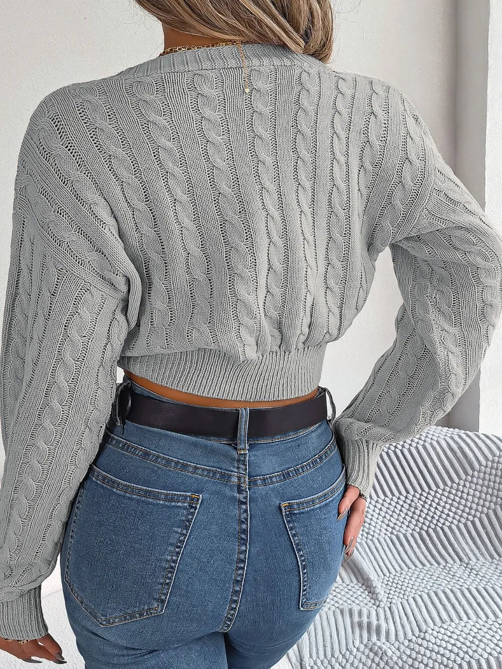 Twisted cable knit sweater back side long sleeve winter outfit