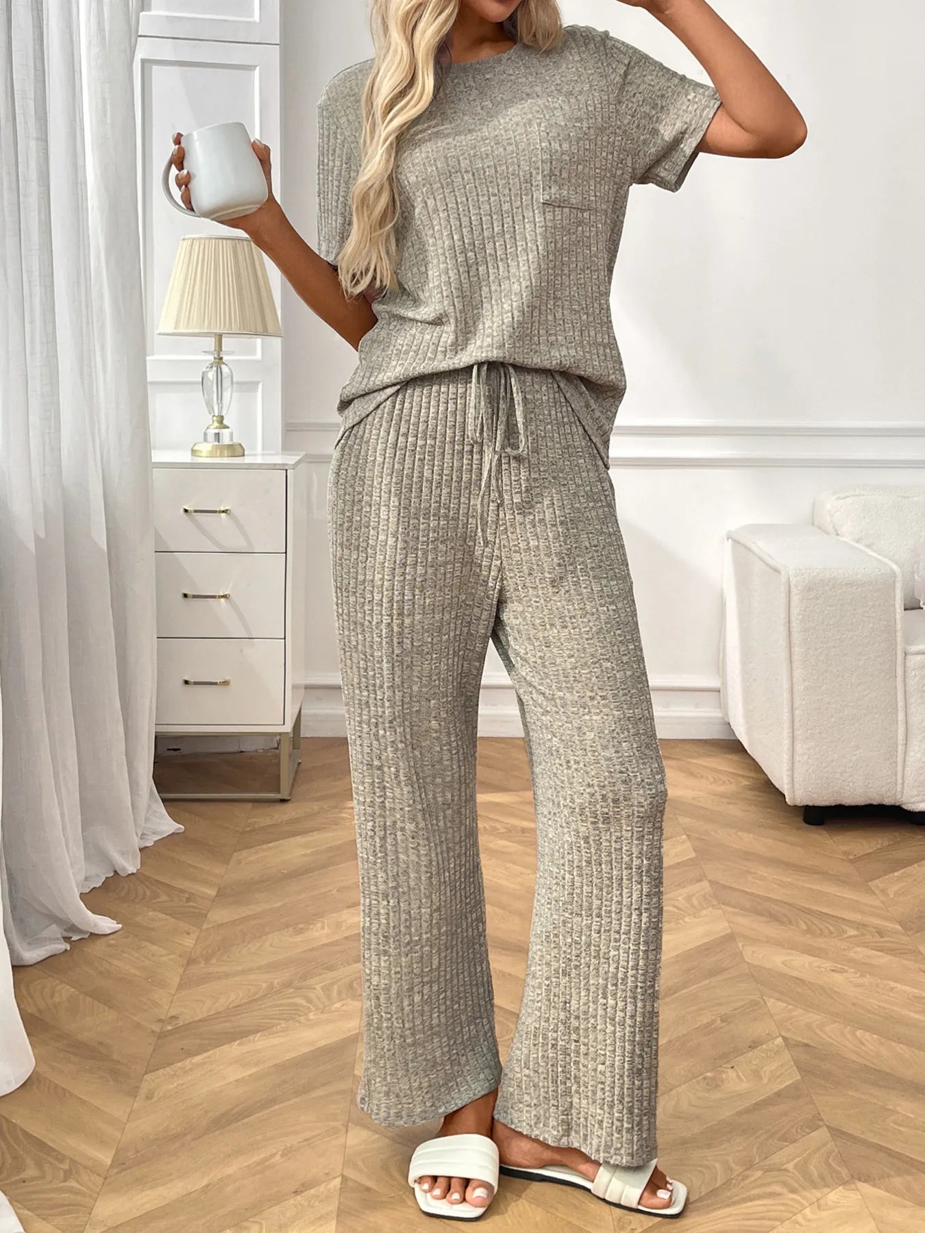 Ribbed knit two piece lounge set front 