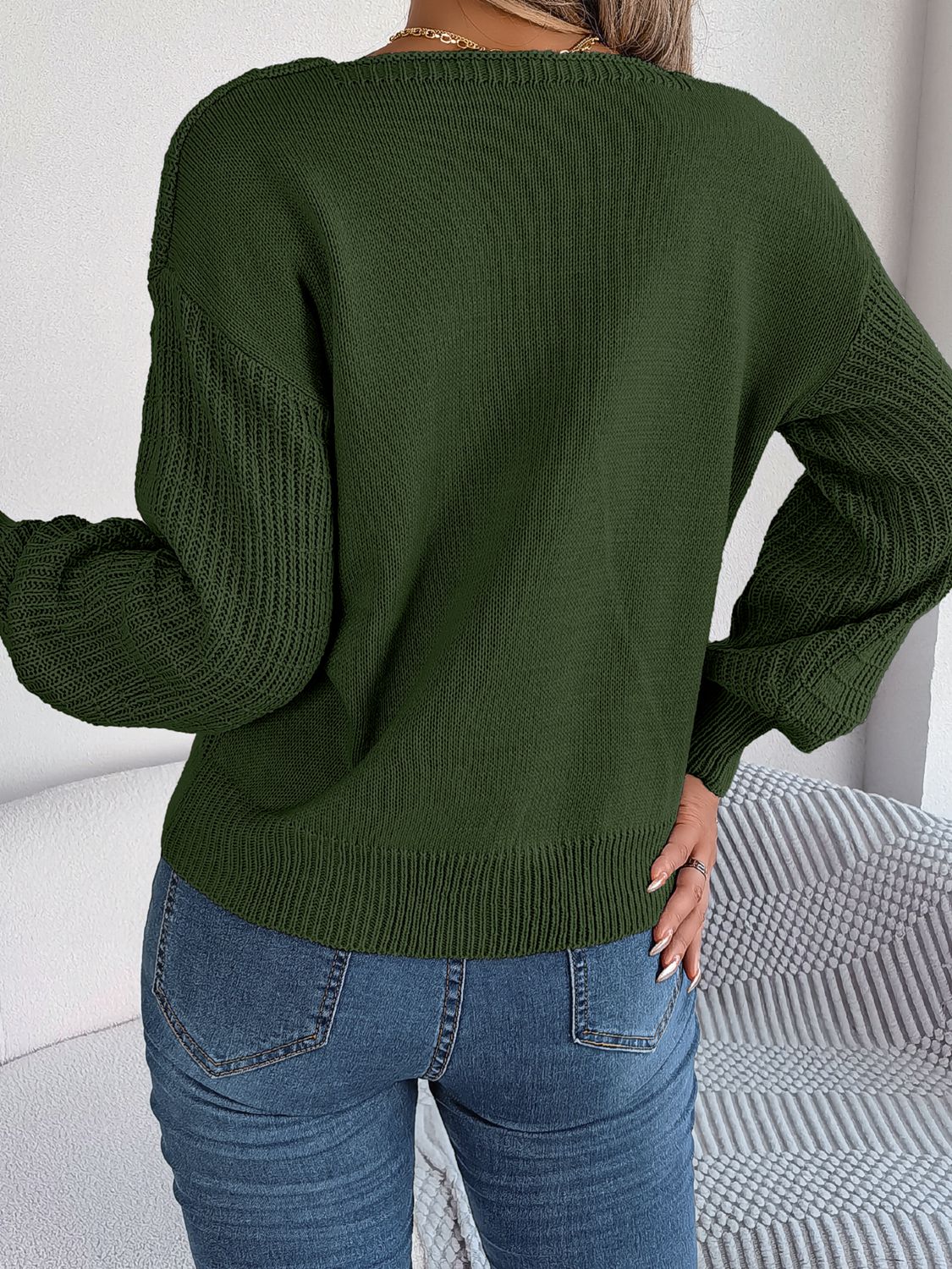 Square neck mixed knit sweater back view long sleeve design