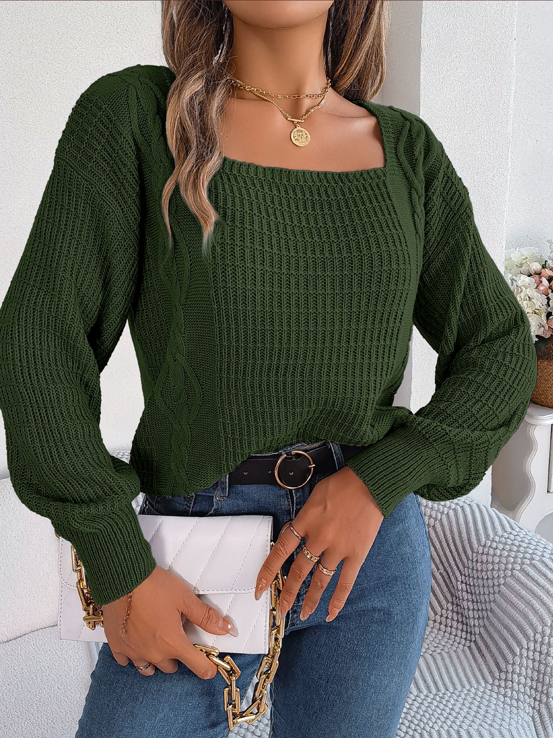 Square neck mixed knit sweater front stylish textured outfit