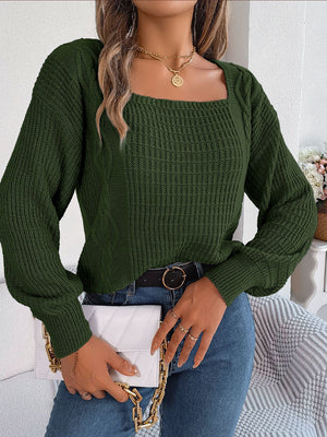 Square neck mixed knit sweater front stylish textured outfit