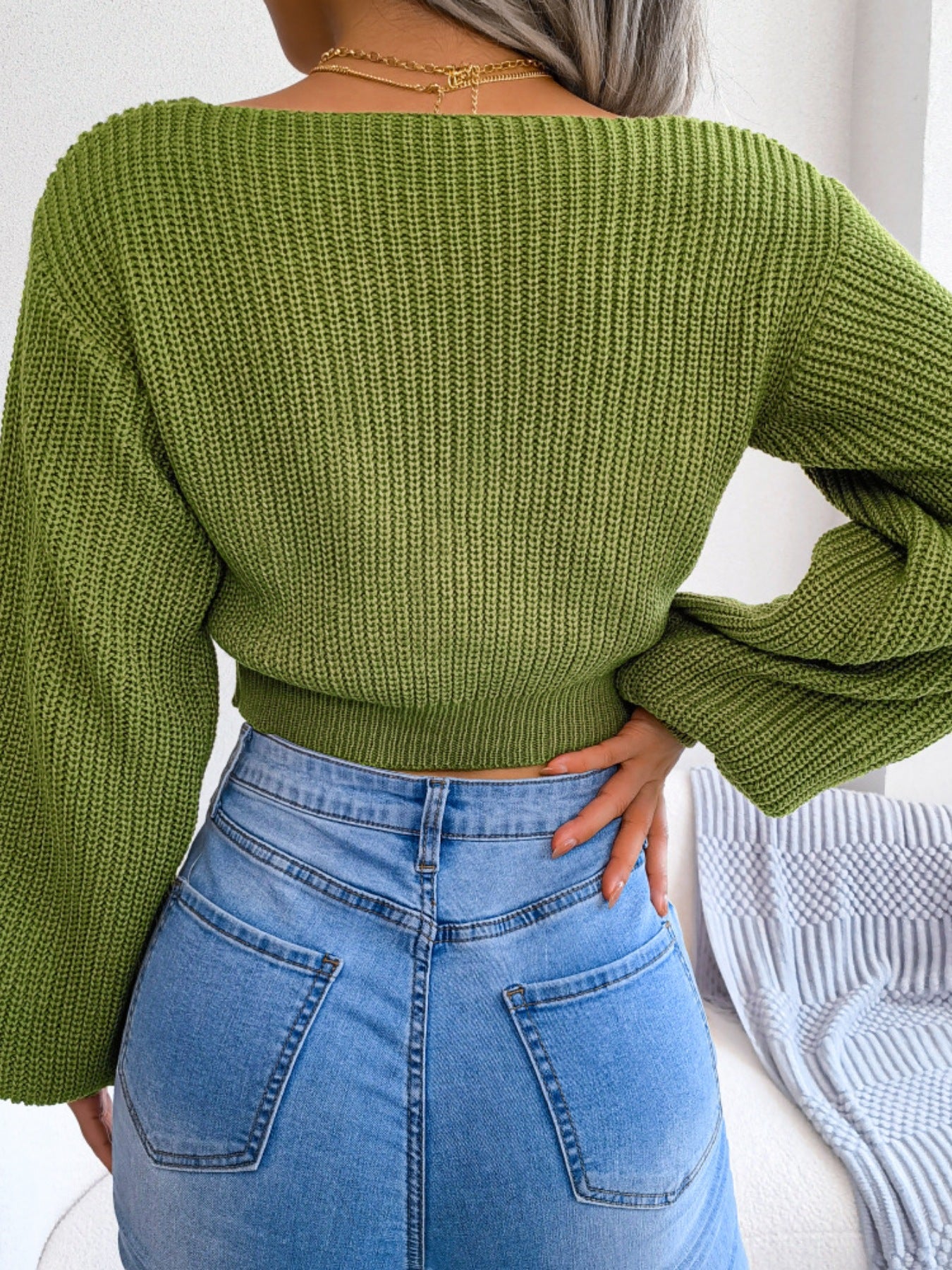 Tie front cropped sweater back view long sleeve design