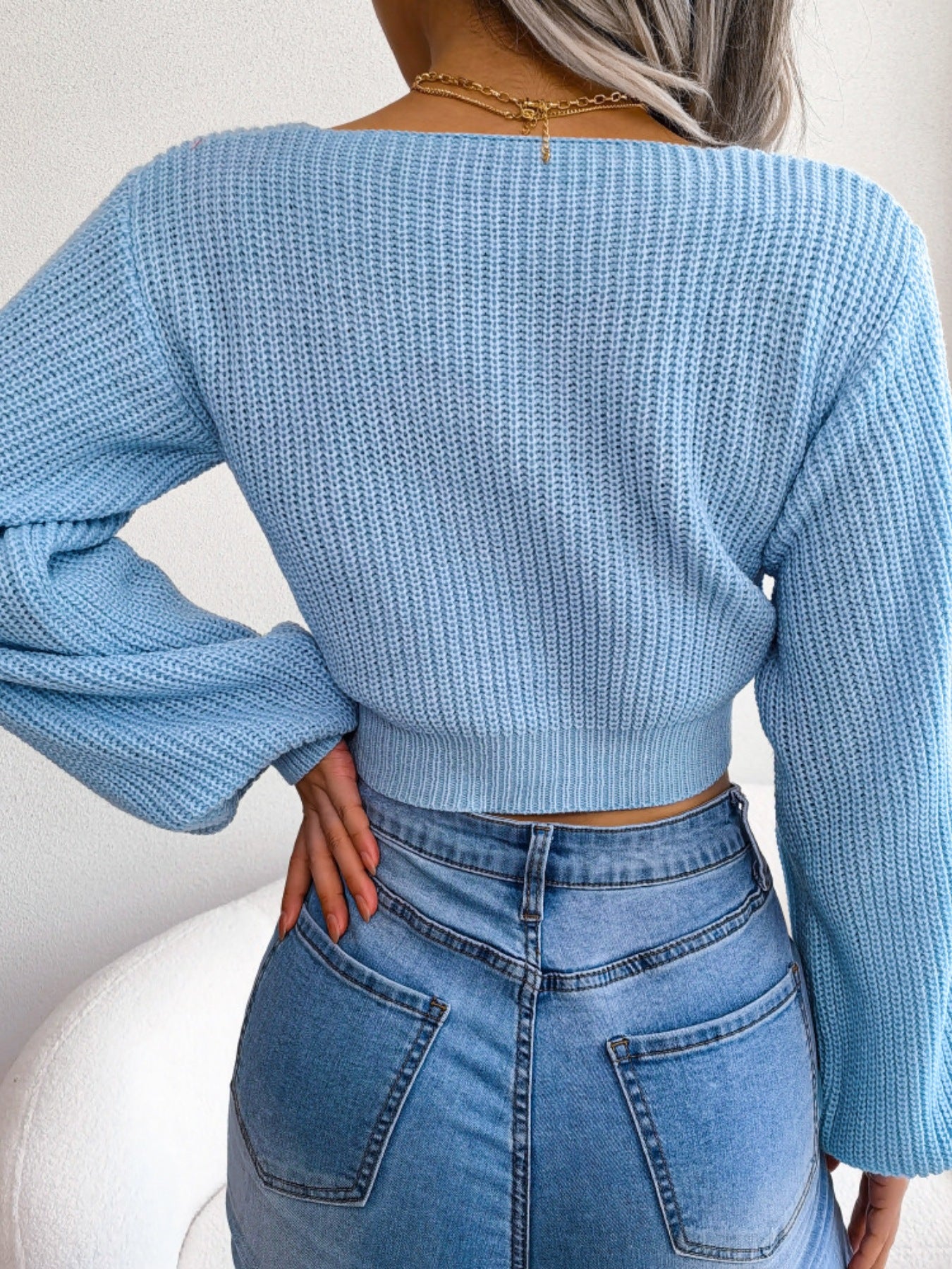 Tie front cropped sweater back view clean style