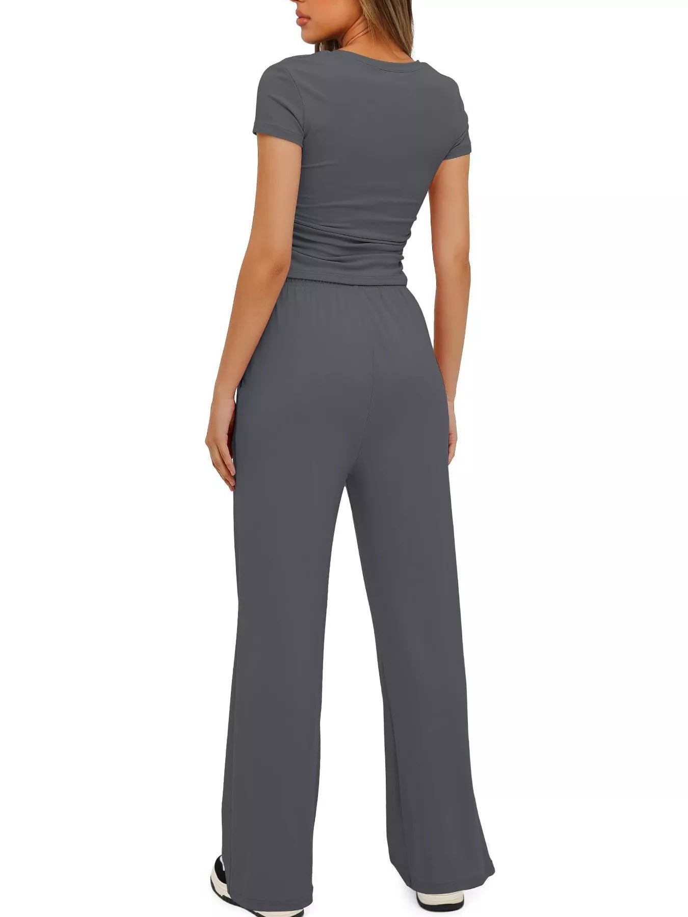 Back view of short sleeve top and drawstring pants set