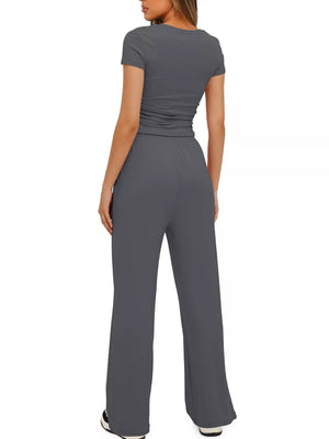 Back view of short sleeve top and drawstring pants set