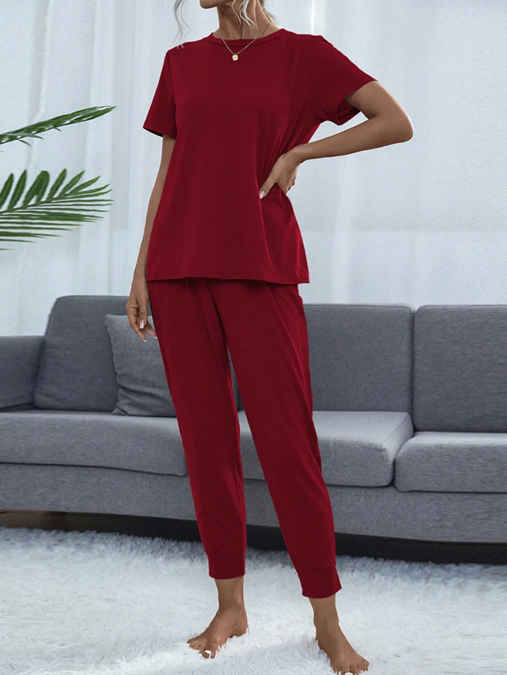 Front view of Shiny Round Neck Top and Pants Lounge Set