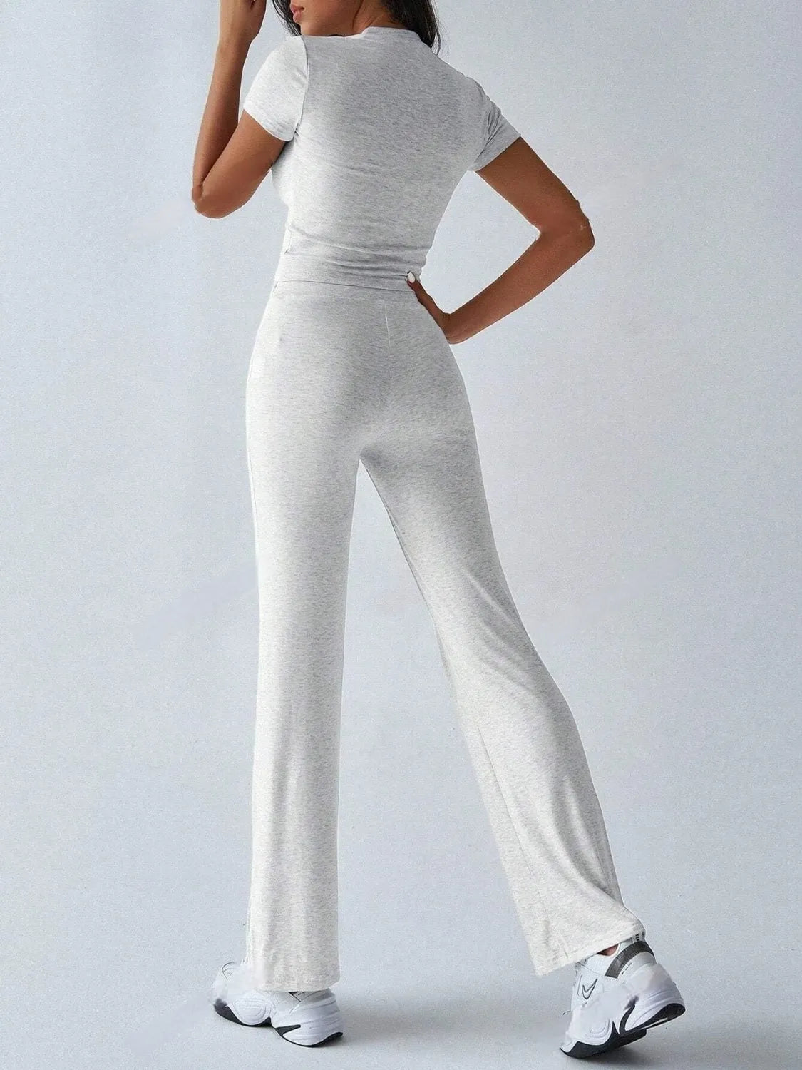 Back view of round neck short sleeve top and pants set