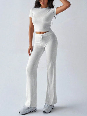Front view of round neck short sleeve top and pants set