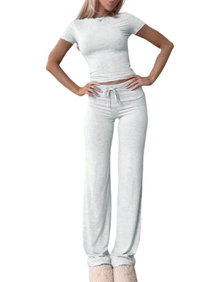 Front full look of round neck short sleeve top and pants set