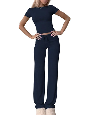 Relaxed front view of round neck short sleeve top and pants set