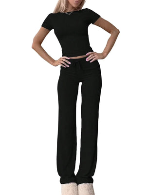 Front view of round neck short sleeve top and pants set