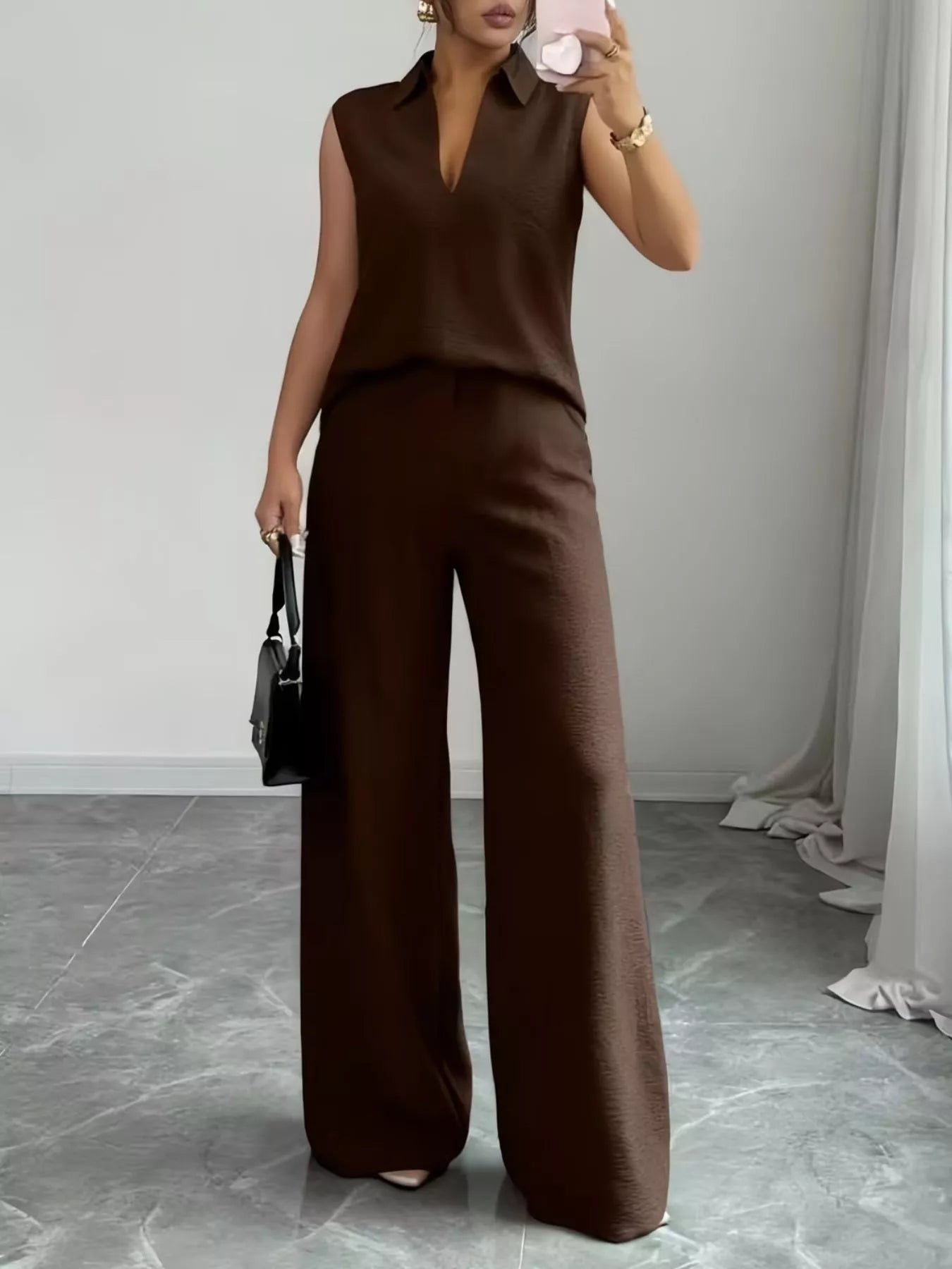 Sleeveless top and wide leg pants set front view elegant style