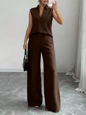 Sleeveless top and wide leg pants set front view elegant style