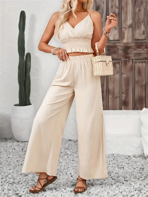 Front view of Smocked Surplice Cami and Wide Leg Pants Set