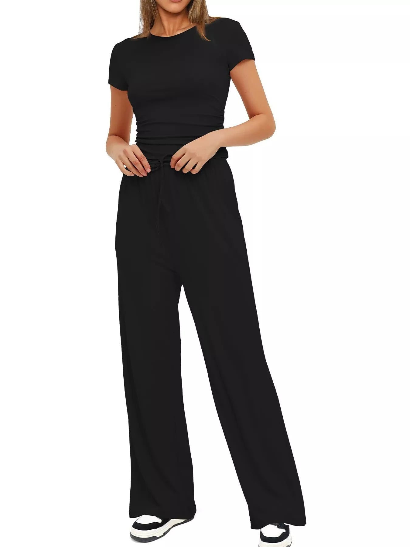 Soft fabric short sleeve top and pants set front view