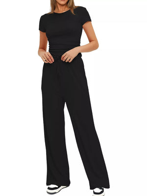 Soft fabric short sleeve top and pants set front view