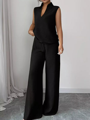 soft fabric sleeveless outfit with wide pants front