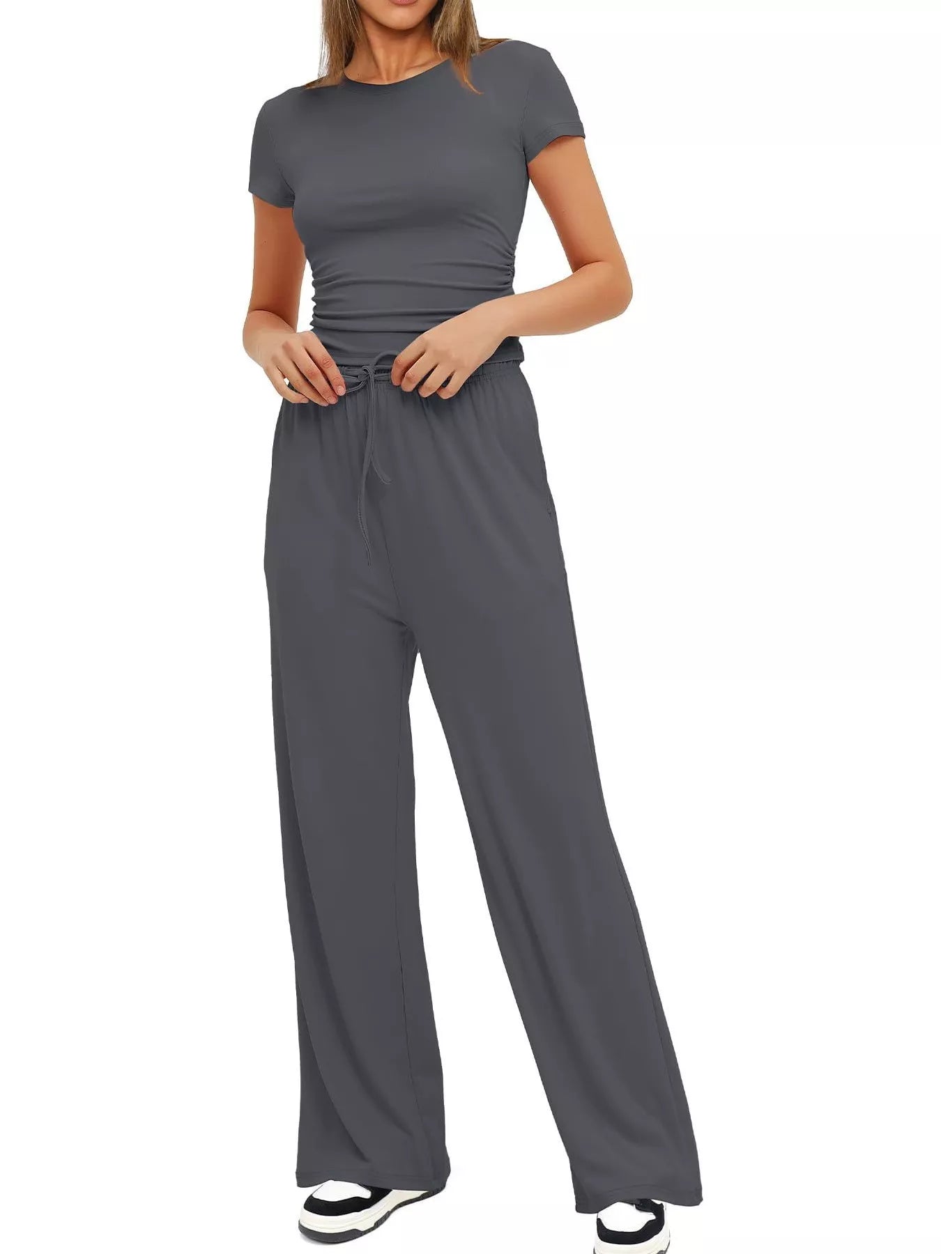 Soft lounge short sleeve top and pants set front view