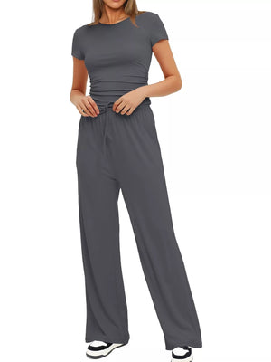 Soft lounge short sleeve top and pants set front view