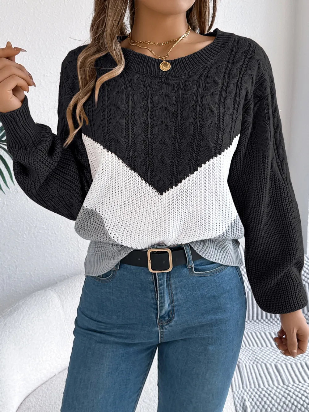 Soft cable knit color block sweater front view comfortable fit