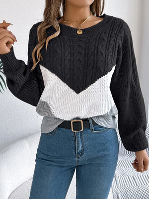 Soft cable knit color block sweater front view comfortable fit