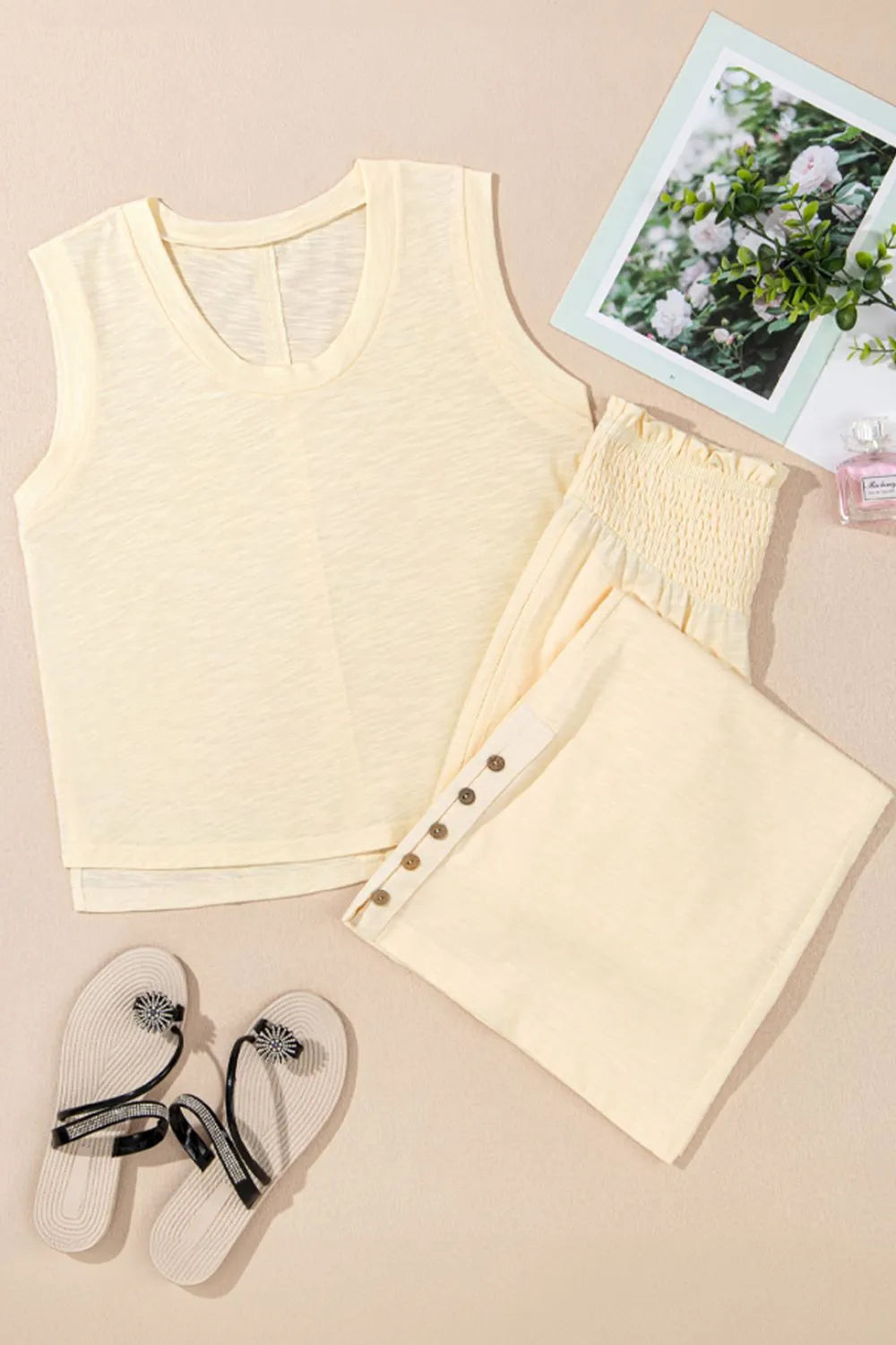 Solid Color Tank Top and Smocked Waist Pants Set displayed without model