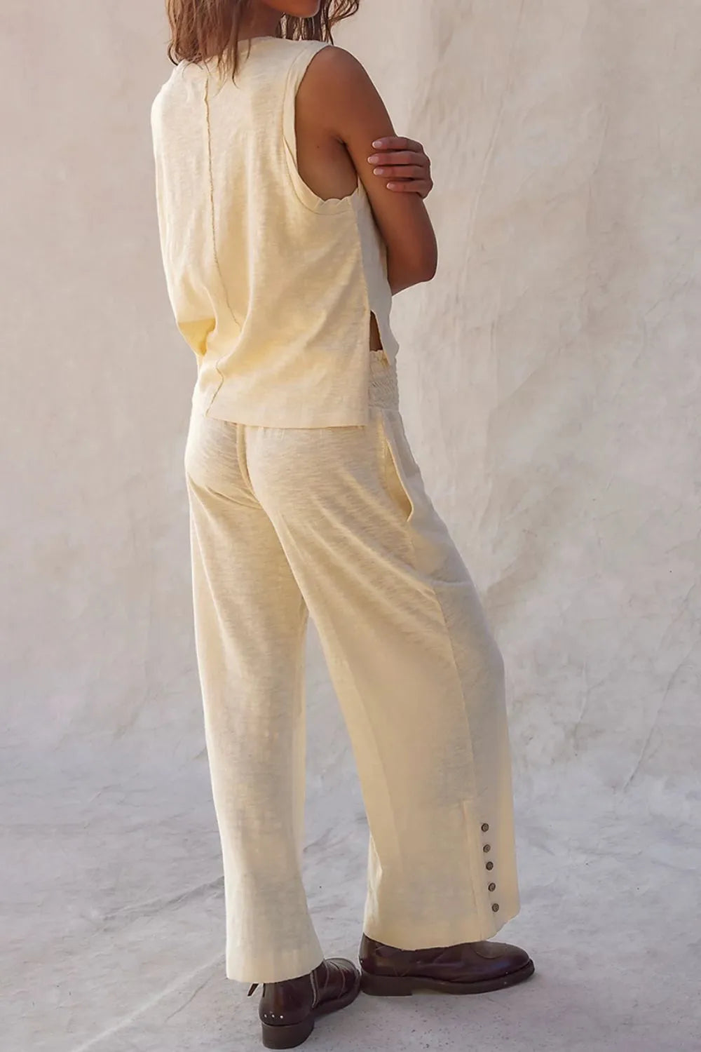 Back view of Solid Color Tank Top and Smocked Waist Pants Set