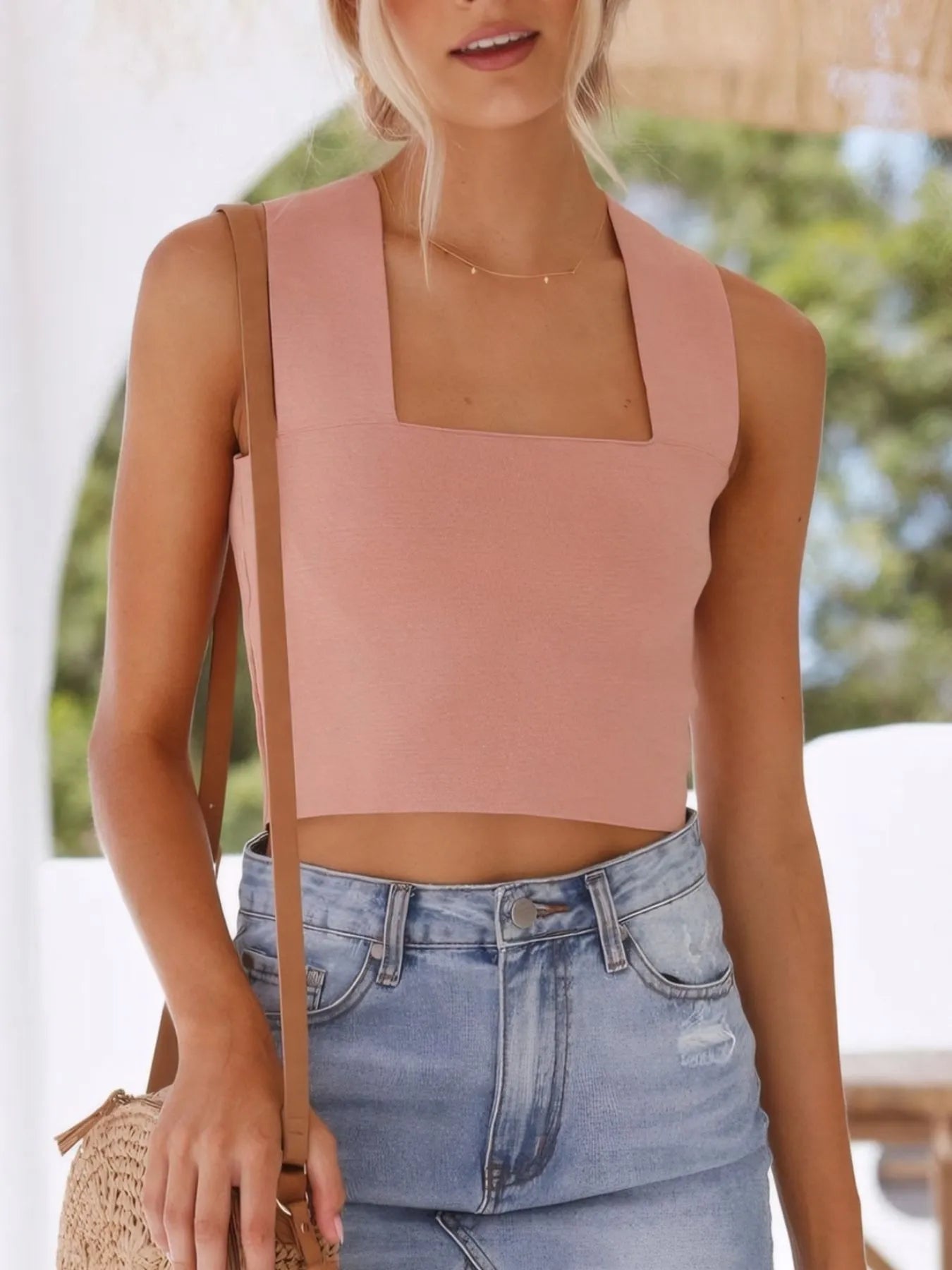 Square neck ribbed crop tank top front view
