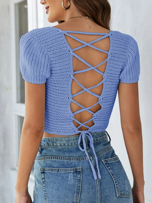 Back side lace-up openwork square neck sweater knitwear