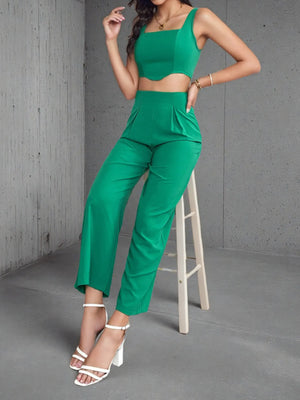 Side view of square neck tank and pants set