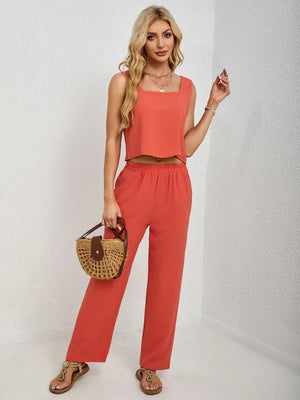 Front casual styling of square neck tank and pants set