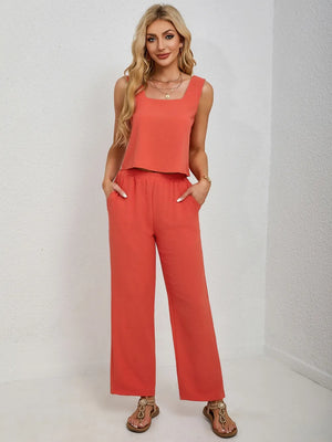 Front casual styling of square neck tank and pants set