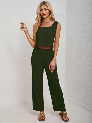 Front comfortable outfit of square neck tank and pants set
