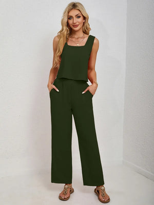 Front versatile casual look of square neck tank and pants set