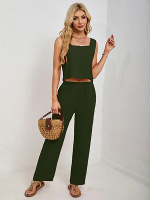 Front modern fashion view of square neck tank and pants set