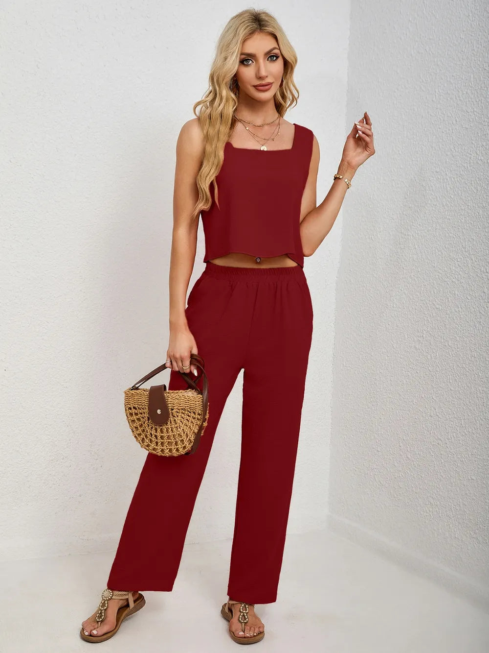 Front casual outfit of square neck tank and pants set