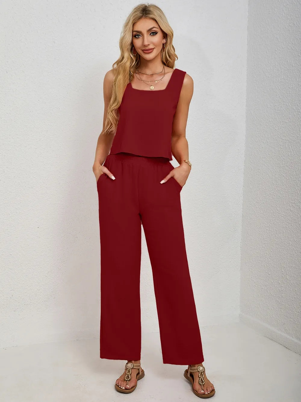 Front breathable casual look of square neck tank and pants set