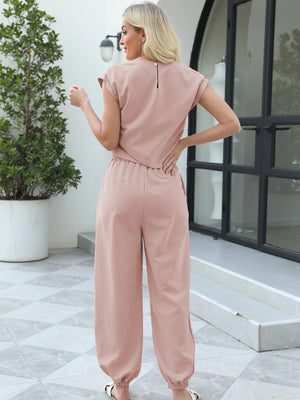 Back full-length view of round neck top and pants set
