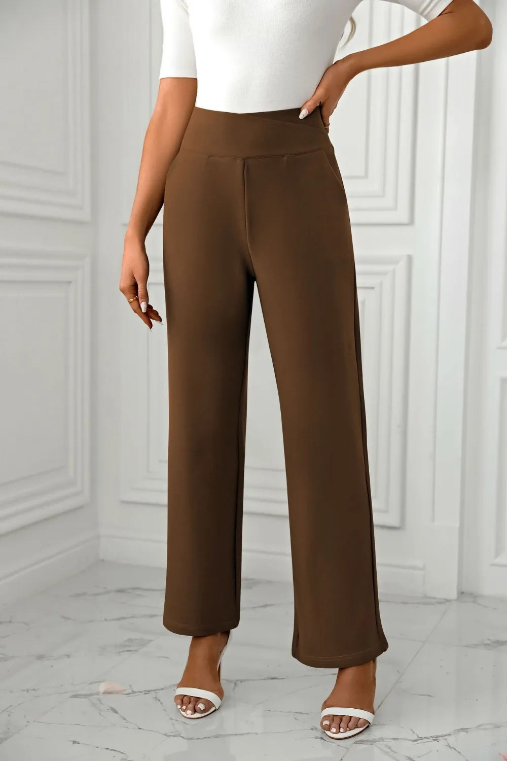 Elegant high waist straight leg pants front view